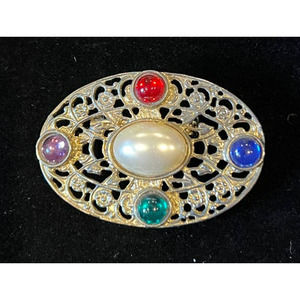 VTG Brooch Faux Pearl Cabochon Colorful Stones Gold Tone Metal Filigree Design